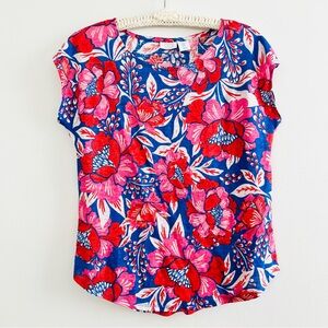 [Sigrid Olsen] 100% Linen Slub Knit Floral Rounded Hem Cap Sleeve Top